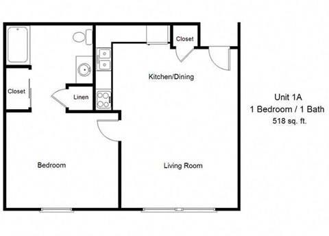 Floor plan for 1 bed, 1 bath, 518 sqft